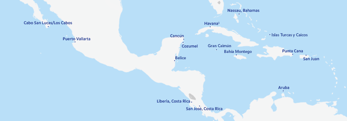 Un mapa con los 14 destinos internacionales a los que vuela Southwest Airlines. Entre ellos se incluyen: Aruba, Belice, Cabo San Lucas/Los Cabos, Cancún, Cozumel, Gran Caimán, La Habana, Liberia, Montego Bay, Nassau, Puerto Vallarta, Punta Cana, San José, Costa Rica e Islas Turcas y Caicos.